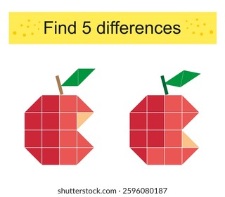 Find 5 differences. Logic puzzle game for children. Preschool worksheet activity. Cartoon apple.