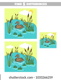 Find 5 differences. Page of book with game for children. Forest animals. Vector illustration