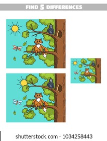 Find 5 differences. Page of book with game for children. Forest animals. Vector illustration