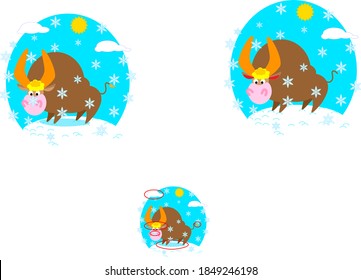 
encontrar 5 diferencias en la imagen con un toro de dibujos animados en un día de invierno