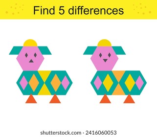 Find 5 differences. Puzzle game for kids. Cartoon cute animals. 