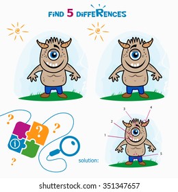 Find 5 differences. Smiling monster. Cartoon Vector Illustration.