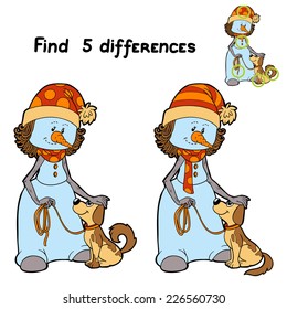 Find 5 differences (snowman and dog)