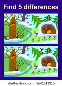 
Find 5 differences. Spring forest with birds, flowers and animals. Interactive game for children. The development of logic and thinking. Vector and illustration.