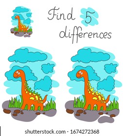 Find 5 differences. Vector Illustration of finding differences educational activity task for children with cute dinosaur