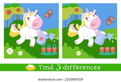 Encuentra 5 diferencias ocultas. Juego de rompecabezas educativo para niños. Unicornio fino florido en el jardín desde la orilla. Caricatura de caballo animal. Ilustración vectorial. 