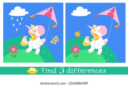 Find 5 hidden differences. Educational puzzle game for children. Cute unicorn flies kite. Cartoon character animal horse. Vector illustration. 