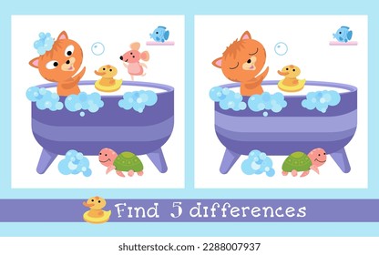 Find 5 hidden differences. Educational puzzle game for children. Cute cat with toys in bath. Animals in cartoon style. Vector illustration.