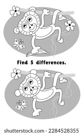 Find 5 hidden differences. Еducational puzzle game for children. Cute monkey with banana and flowers in cartoon style. Black and white vector illustration.