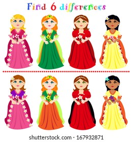 Find 6 difference game or visual puzzle: princesses with ball gown