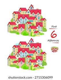 Encontre 6 diferenças. Desenho de uma aldeia com casas. Jogo de quebra-cabeça de lógica para crianças e adultos. Página para crianças livro teaser cérebro. Teste de QI para o mais inteligente. Ilustração de vetor plana desenhada à mão.