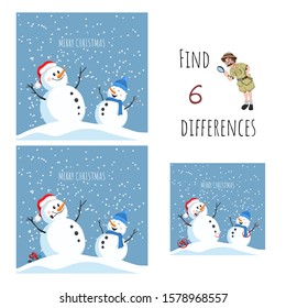 Find 6 differences. Educational game for children. Cartoon snowman in santa hat. Christmas puzzle. Vector illustration.