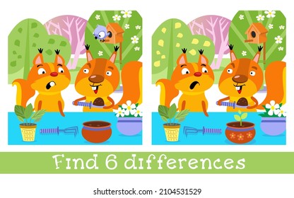 Find 6 differences. Game for children. Cute squirrels plant flowers in pot. Hand drawn full color children's illustration. Vector flat cartoon picture.