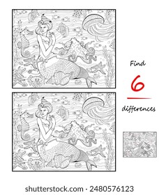 Encuentra 6 diferencias. Ilustración de sirena linda jugando con peces bajo el agua. Juego de rompecabezas de lógica para niños y adultos. Página educativa para niños libro de rompecabezas. Dibujo de Vector en blanco y negro