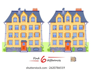 Find 6 differences. Illustration of the cute house with windows. Logic puzzle game for children and adults. Page for kids brain teaser book. Flat vector drawing.