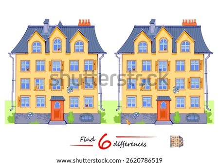 Find 6 differences. Illustration of the cute house with windows. Logic puzzle game for children and adults. Page for kids brain teaser book. Flat vector drawing.