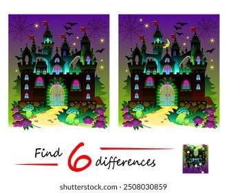 Find 6 differences. Illustration of magic fairy tale castle at night. Logic puzzle game for children and adults. Educational page for kids brain teaser book. Vector drawing.