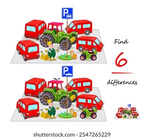 Find 6 differences. Illustration of a worker in a parking lot between cars. Logic puzzle game for children and adults. Page for kids brain teaser book. Flat vector drawing.