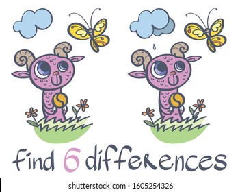 Find 6 differences. Little sheep and butterfly. Vector illustration