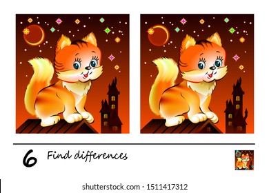 Find 6 differences. Logic puzzle game for children and adults. Printable page for kids brain teaser book at night. Image of cute kitten sitting on roof. Developing counting skills. IQ training test.