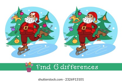 Find 6 differences. Puzzle game for children. Cute Santa skating around. Winter ice rink. Christmas holidays. Vector cartoon illustration, 