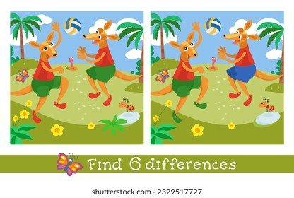 Encuentra 6 diferencias. Juego de rompecabezas para los niños.  Unos canguros muy bonitos jugando al voleibol.  Deportes para niños. Ilustración de dibujos animados vectores, escena para juegos, acertijos.