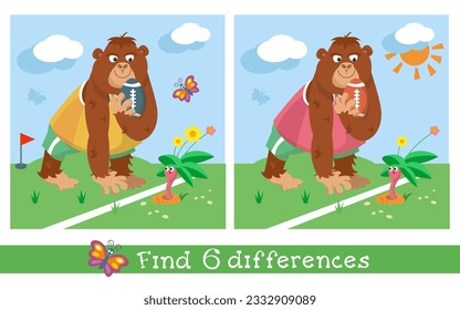 Find 6 differences. Puzzle game for children. Cute gorilla playing rugby. Vector cartoon illustration. Funny monkey animal in tracksuit for design. 