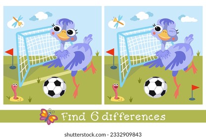 Find 6 differences. Puzzle game for children. Cute ostrich playing football. Sports ball and goal. Vector cartoon illustration. Funny bird animal. 