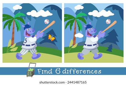 Encuentra 6 diferencias. Juego de rompecabezas para niños. Lindo rinoceronte con bate jugando béisbol. Balón deportivo y gol. Ilustración de dibujos animados vectoriales. Animal de pájaro divertido. 