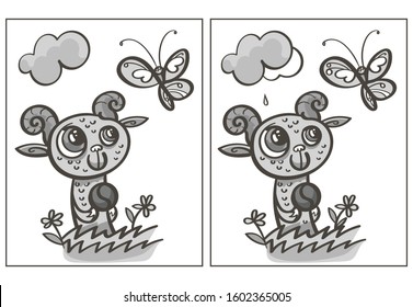 Find 6 differences. Sheep and butterfly. Vector illustration