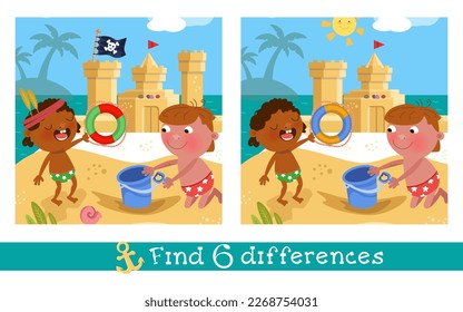 Find 6 hidden differences. Educational puzzle game for children. Cute boy and girl on beach. Cartoon character and sand castle. Vector illustration.