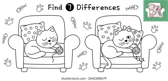 Find 7 differences activity page for kids. Funny sleeping cat maze game for school and preschool. Coloring page and puzzle for children. Vector illustration