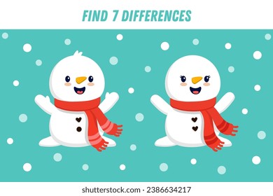 Encuentra 7 diferencias entre dos fotos de un lindo muñeco de nieve con bufanda. Un muñeco de nieve de estilo plano. Actividad. juego de Navidad. Vector