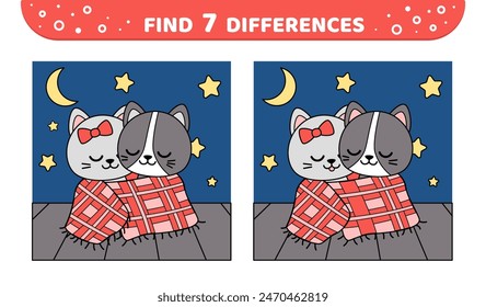Encuentra 7 diferencias. Un par de gatos en el tejado en la noche de las estrellas. Juego para niños. Dibujos animados, Ilustración vectorial aislada eps 10