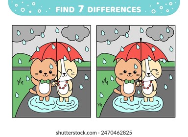 Encuentra 7 diferencias. Un par de gatos bajo el paraguas en Clima lluvioso. Juego para niños. Dibujos animados, Ilustración vectorial aislada eps 10