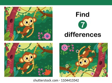 Find 7 differences education game for children, featuring a cute monkey. Vector illustration.