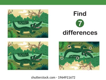 Find 7 differences education game for kids. Happy crocodiles in a swamp. Vector illustration.
