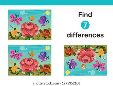 Find 7 differences education game for kids. Happy Butterflies Flying Over The Flowers in Springtime. Vector illustration.