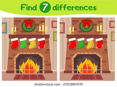 Find 7 differences education game for children. Christmas fireplace with stockings for gifts. Christmas. Vector illustration