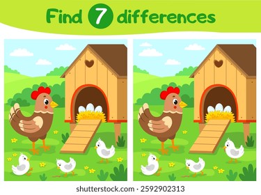Find 7 differences education game for children. A chicken walks in a clearing near the chicken coop. Farm. Vector illustration
