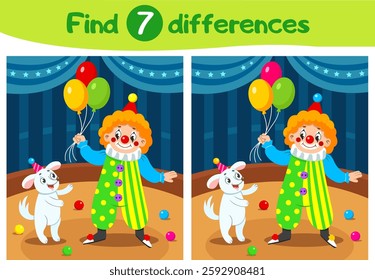 Find 7 differences education game for children. Clown with balls and a dog in the circus arena. Circus. Vector illustration