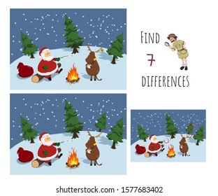 Find 7 differences. Educational game for children. Cartoon Santa near bonfire. Christmas puzzle. Vector illustration.