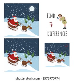 Find 7 differences. Educational game for children. Cartoon Santa and deer. Christmas puzzle. Vector illustration.