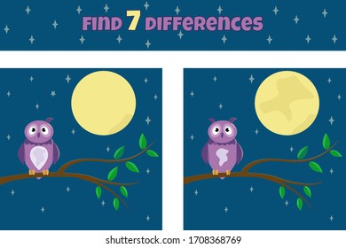 Find 7 differences. Find the differences. Educational game for children. Cute owl in night. Vector illustration.
