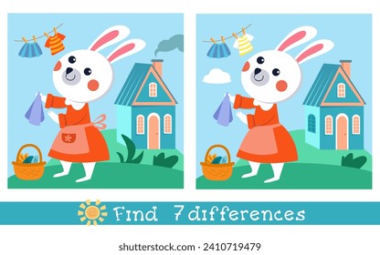 Find 7 differences. Educational puzzle game for children. Cartoon isolated funny character on white background, simple scene for design. Kids Vector illustration.