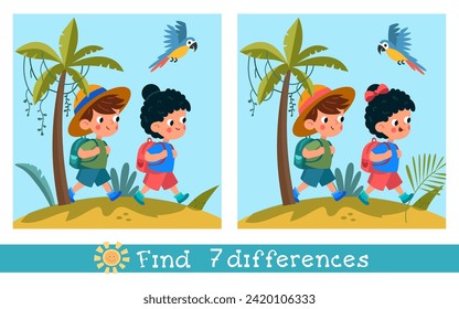 Encuentra 7 diferencias. Juego de rompecabezas educativo para niños. Niños llanos con mochilas viajando por la jungla. Caricaturas divertidas, plantas exóticas. Ilustración vectorial.