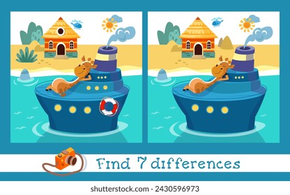 Encuentra 7 diferencias. Juego de rompecabezas educativo para niños. Linda jirafa en el barco. Verano y vacaciones, de viaje. Escena de dibujos animados para el diseño. Ilustración vectorial.