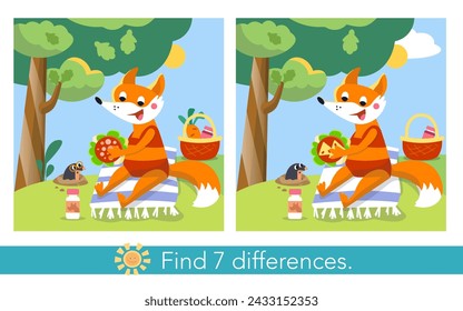 Find 7 differences. Educational puzzle game for children. Cartoon fox in swimming costume on beach in summer. Vector flat illustration.