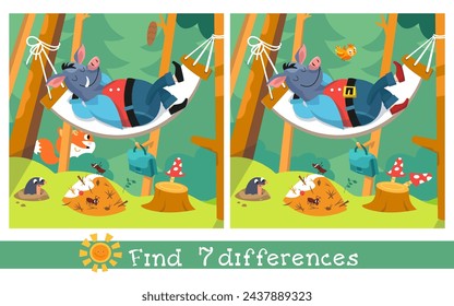 Encuentra 7 diferencias. Juego de rompecabezas educativo para niños. Caricatura jabalí en hamaca en el bosque. Personajes animales lindos en estilo plano. Ilustración plana vectorial sobre fondo. 