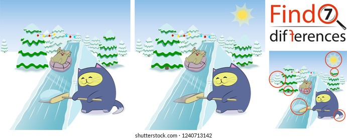find 7 differences game - cat and mouse, merry Christmas